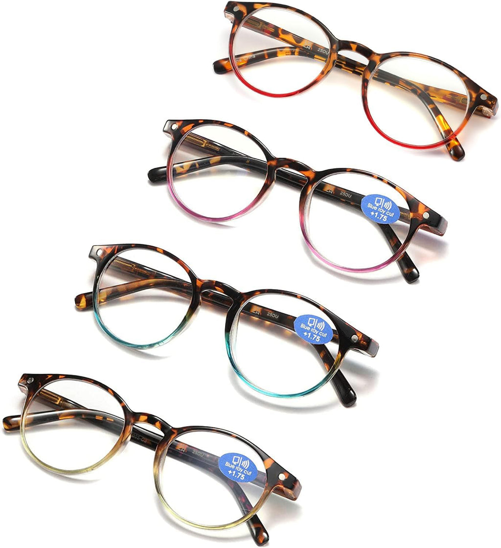 Stylish Blue Light Blocking Reading Glasses for Women - 4 Pairs Mix Color with Spring Hinges & Pouches, Anti-Eyestrain Computer Eyewear (1.75 Magnification)
