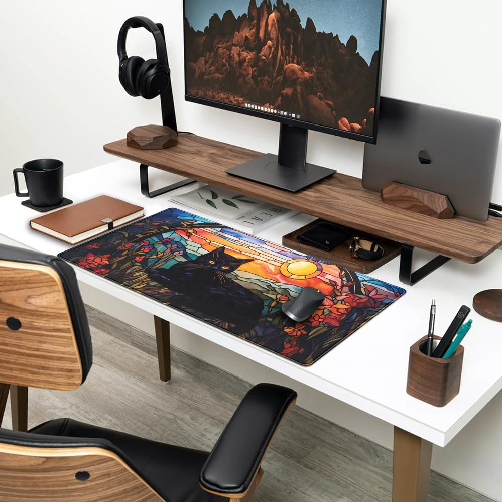 Black Cat Desk Mat Vintage Sunset XXL Large Mouse Pad Laptop Desk Mousepad with Stitched Edges, Keyboard Pad Mouse Mat for Work Game Office Desk Accessories 31.5X15.7 In