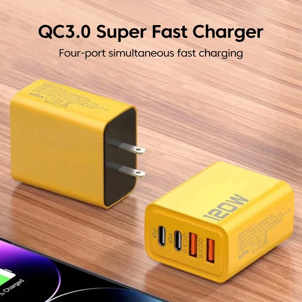Total 120W USB C Fast Charger 4 Ports PD Quick Charging 3.0 Type C Mobile Phone Adapter Wall for Iphone 15 16 Pro Xiaomi Samsung