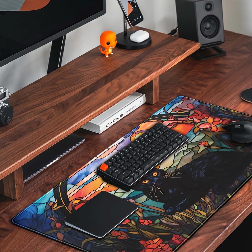 Black Cat Desk Mat Vintage Sunset XXL Large Mouse Pad Laptop Desk Mousepad with Stitched Edges, Keyboard Pad Mouse Mat for Work Game Office Desk Accessories 31.5X15.7 In