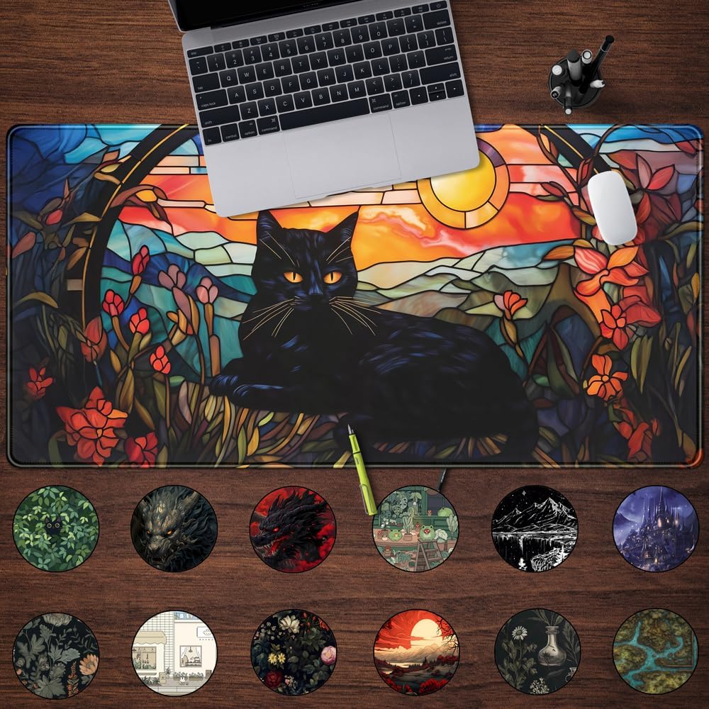 Black Cat Desk Mat Vintage Sunset XXL Large Mouse Pad Laptop Desk Mousepad with Stitched Edges, Keyboard Pad Mouse Mat for Work Game Office Desk Accessories 31.5X15.7 In