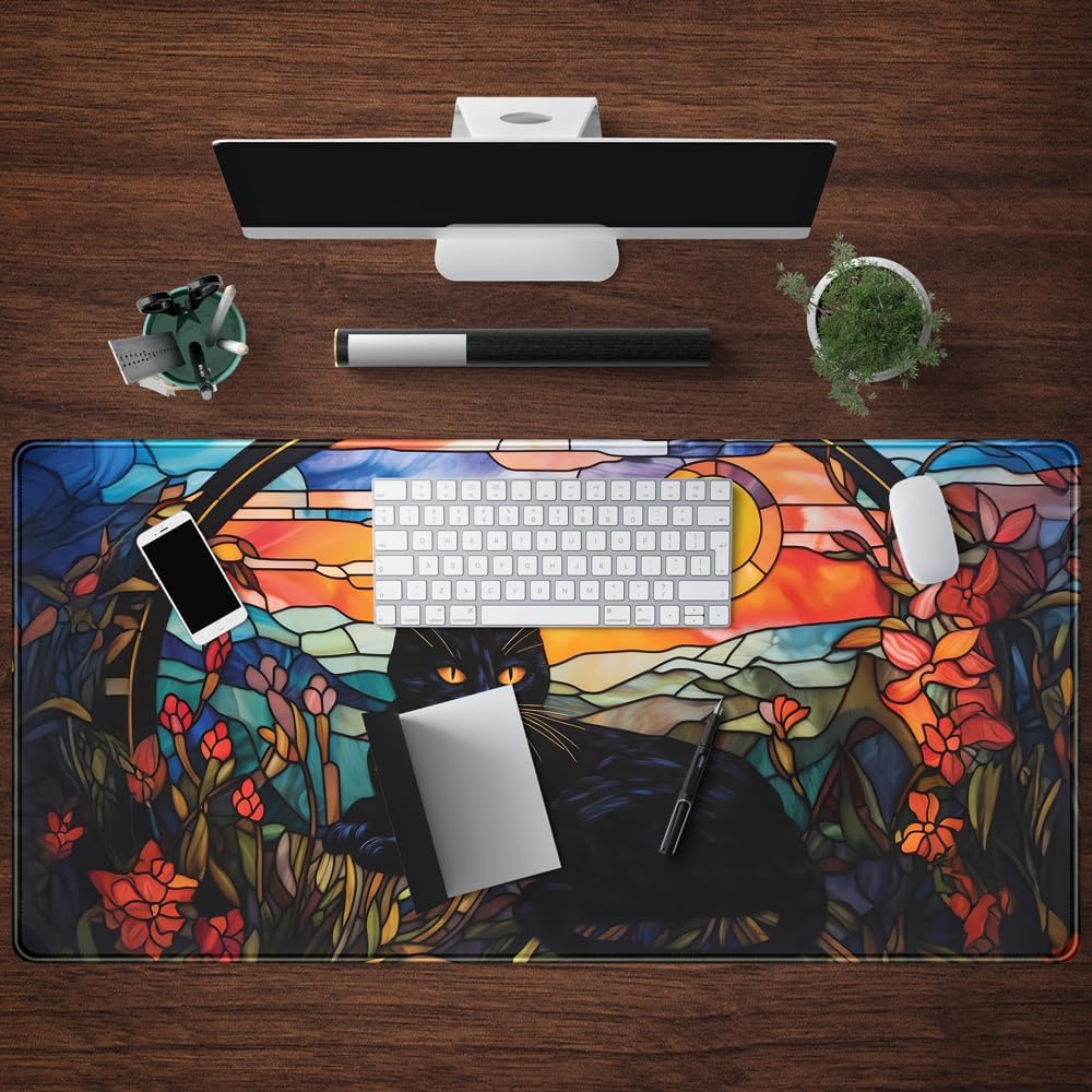 Black Cat Desk Mat Vintage Sunset XXL Large Mouse Pad Laptop Desk Mousepad with Stitched Edges, Keyboard Pad Mouse Mat for Work Game Office Desk Accessories 31.5X15.7 In