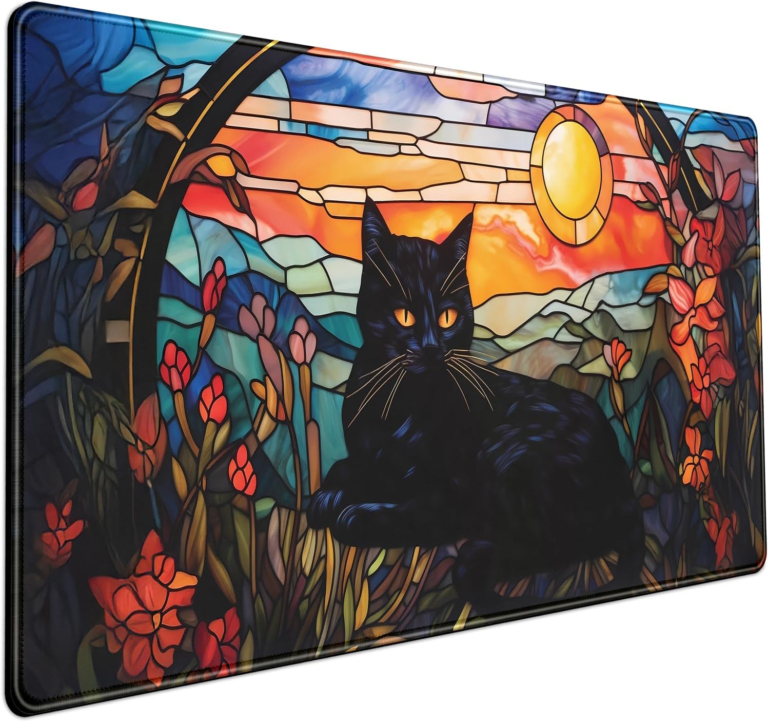 Black Cat Desk Mat Vintage Sunset XXL Large Mouse Pad Laptop Desk Mousepad with Stitched Edges, Keyboard Pad Mouse Mat for Work Game Office Desk Accessories 31.5X15.7 In