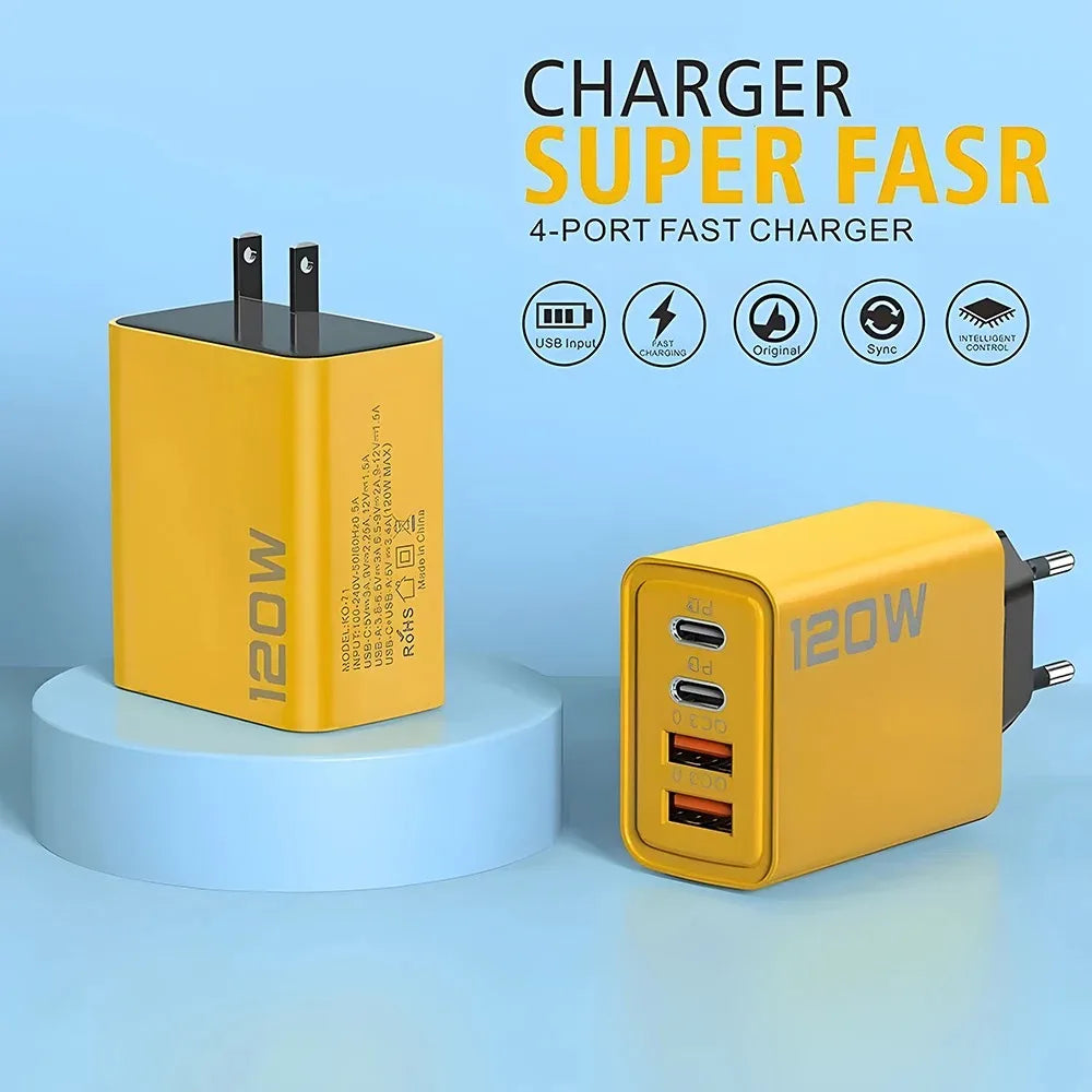Total 120W USB C Fast Charger 4 Ports PD Quick Charging 3.0 Type C Mobile Phone Adapter Wall for Iphone 15 16 Pro Xiaomi Samsung