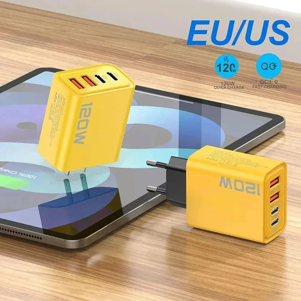 Total 120W USB C Fast Charger 4 Ports PD Quick Charging 3.0 Type C Mobile Phone Adapter Wall for Iphone 15 16 Pro Xiaomi Samsung